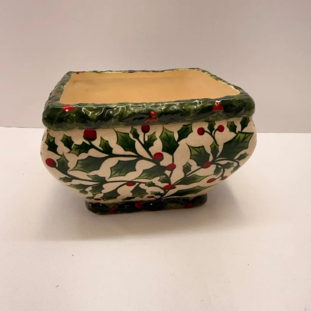 Pacific Rim Handpainted Holly Berry Square Bowl Christmas Holiday planter
